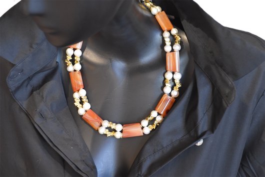 Necklace with Pearls and Carnelian Agates